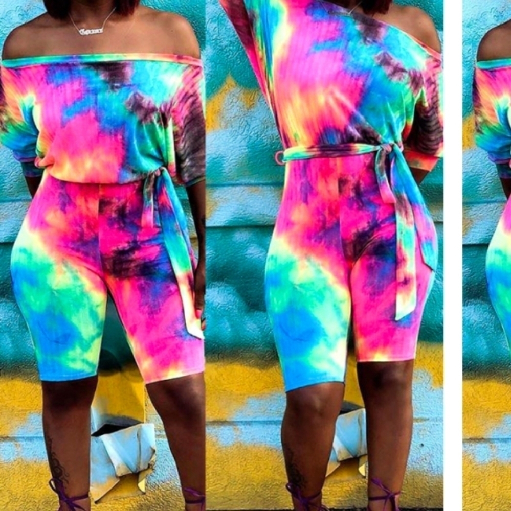 NEW CASUAL COLORFUL TIE DYE OFF SHOULDER ROMPER PLUS SIZE 1XL-2XL